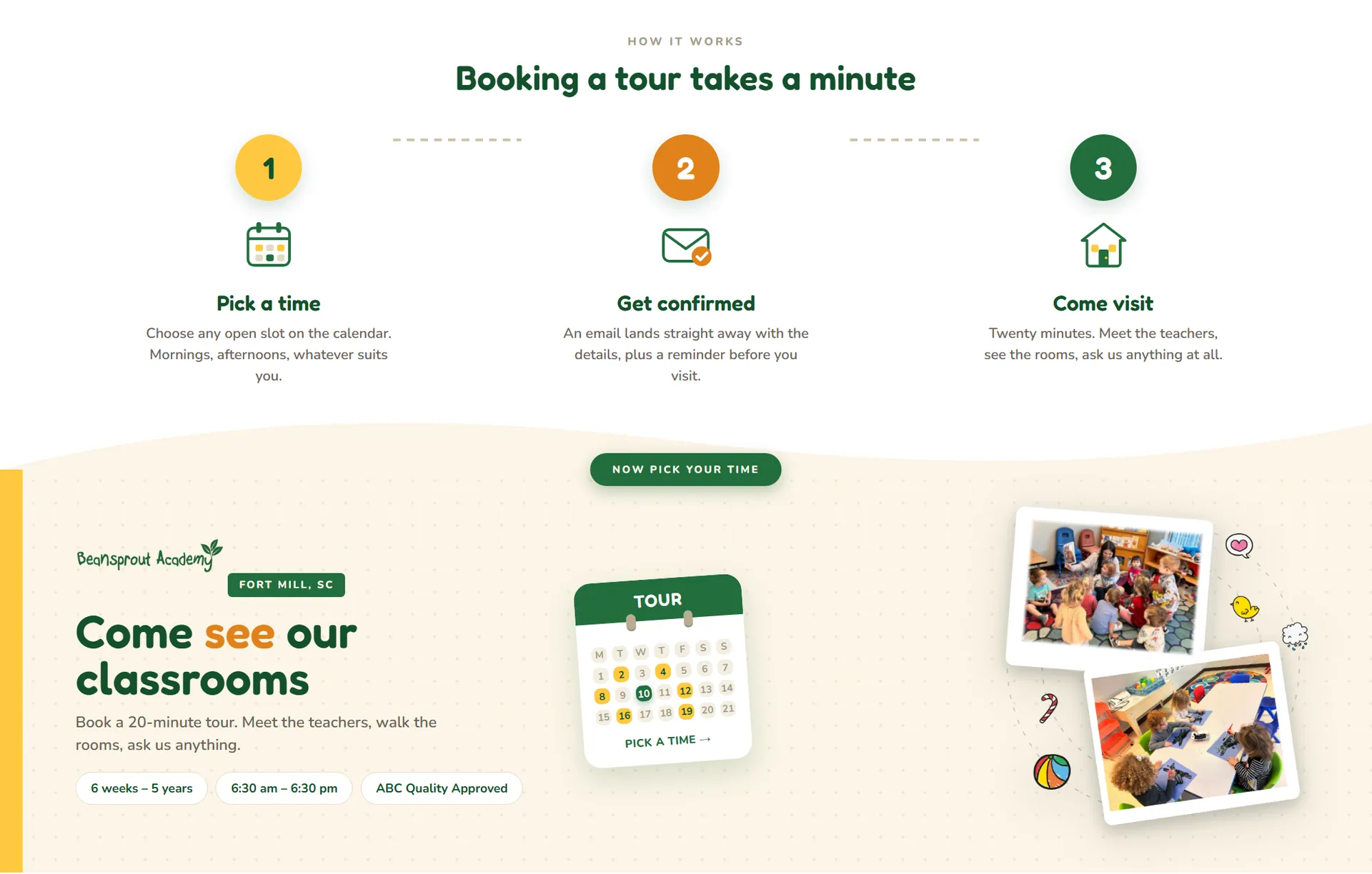 Book a tour appointment at Beansprout Academy, a Montessori-inspired daycare and preschool in Fort Mill SC — pick a time, get confirmed, come visit